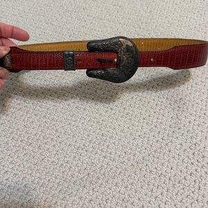 Vintage Burgundy/Maroon Lizard Textured Leather Belt with Sterling Buckle